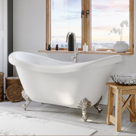 CAMBRIDGE PLUMBING Acrylic Double Slipper Soaking Tub with Continuous Rim and Brushed Nickel Feet ADES-NH-BN